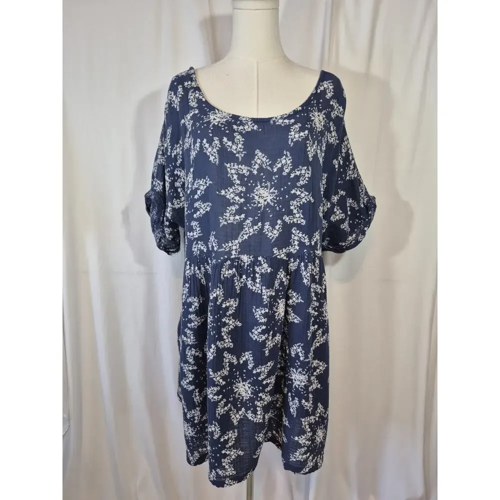 Free People Belezza Babydoll Floral Printed Blue Cotton Mini Dress Large